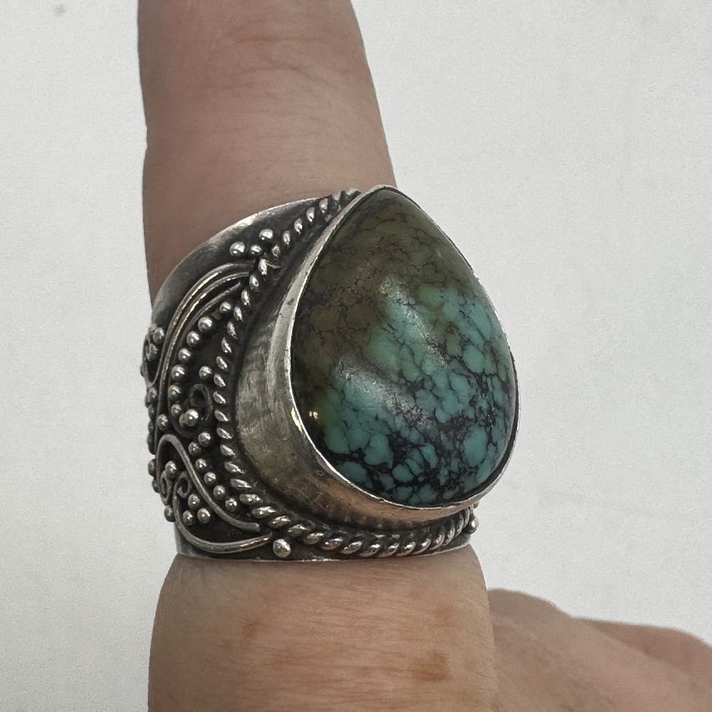 Vintage 925 Turquoise Teardrop Ring Sterling Silver Wide Band Filigree Sz 7-7.5